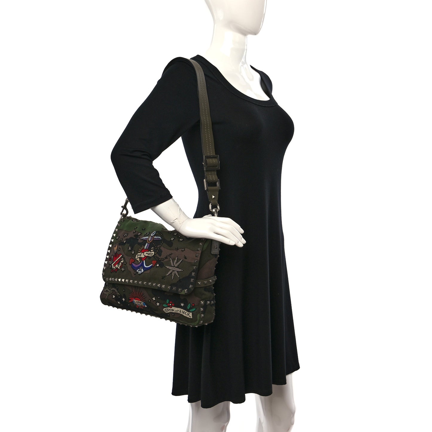 Canvas Camouflage Tattoo Beaded Rockstud Messenger Bag Army Green Brushwood