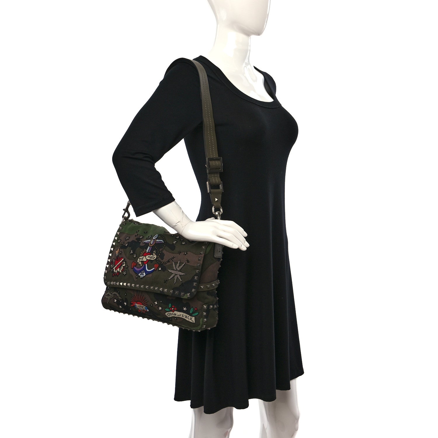 Valentino Garavani Canvas Camouflage Tattoo Beaded Rockstud Messenger Bag Army Green Brushwood 2 of 8