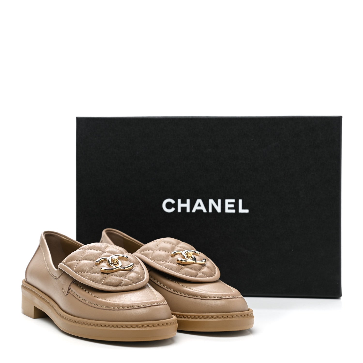 Chanel Lambskin Quilted CC Turnlock Loafers 36.5 Beige 1083461