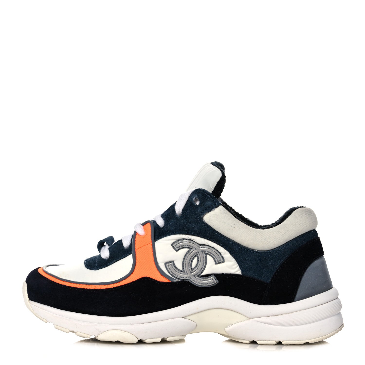 Chanel Nylon Calfskin Suede CC Womens Sneakers 36 Navy White Orange Black 1 of 9