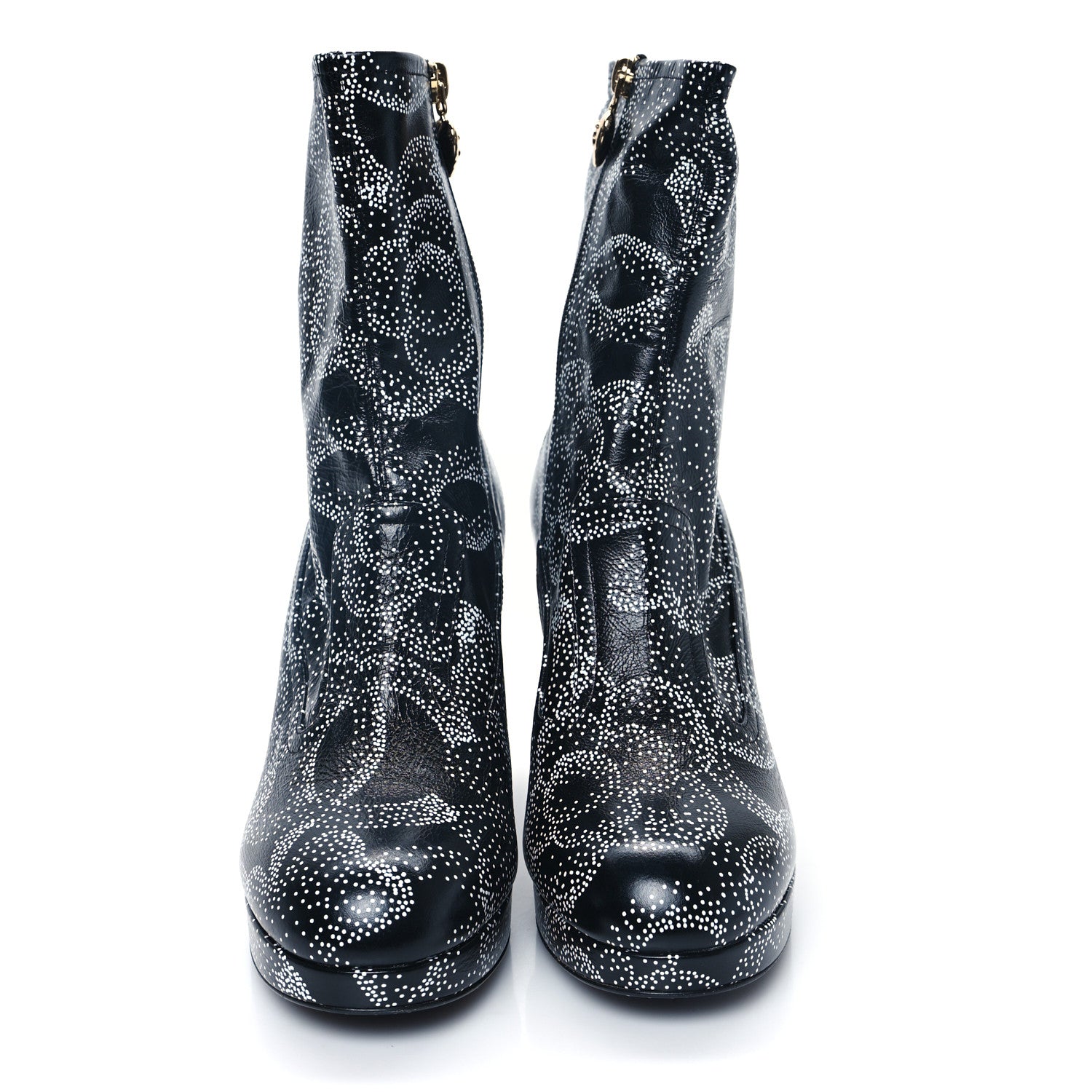 Chanel Calfskin Camellia Printed Ankle Boots 38 Black White 2 of 10