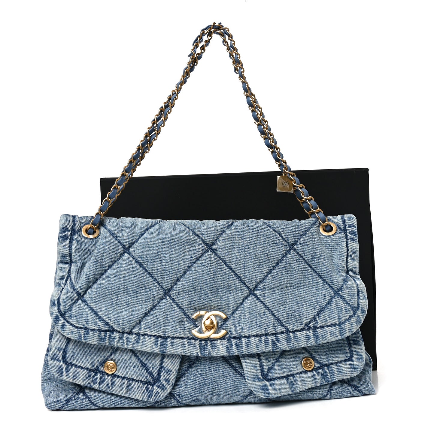 Washed Denim Quilted Maxi Flap Bag Blue