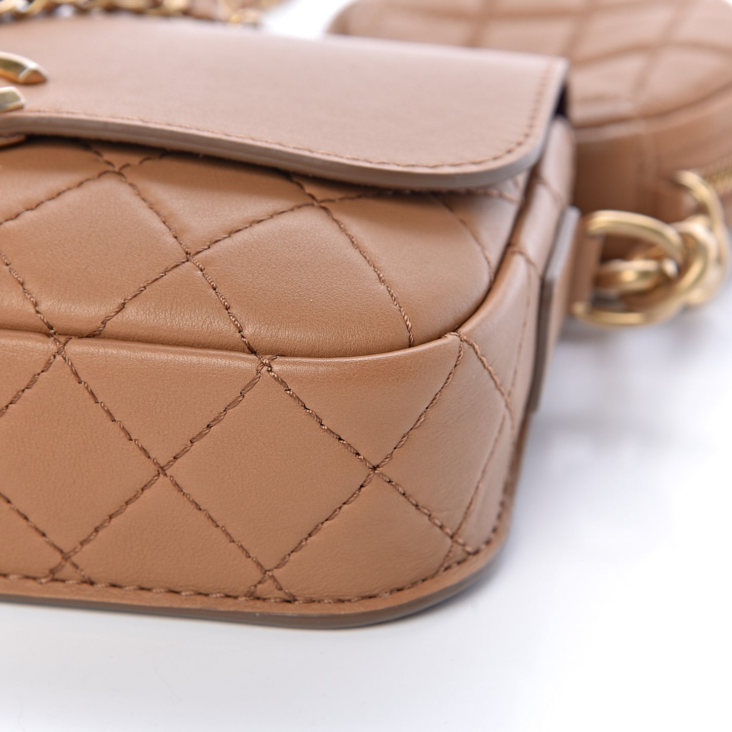 Calfskin Quilted Flap And Coin Purse Light Brown