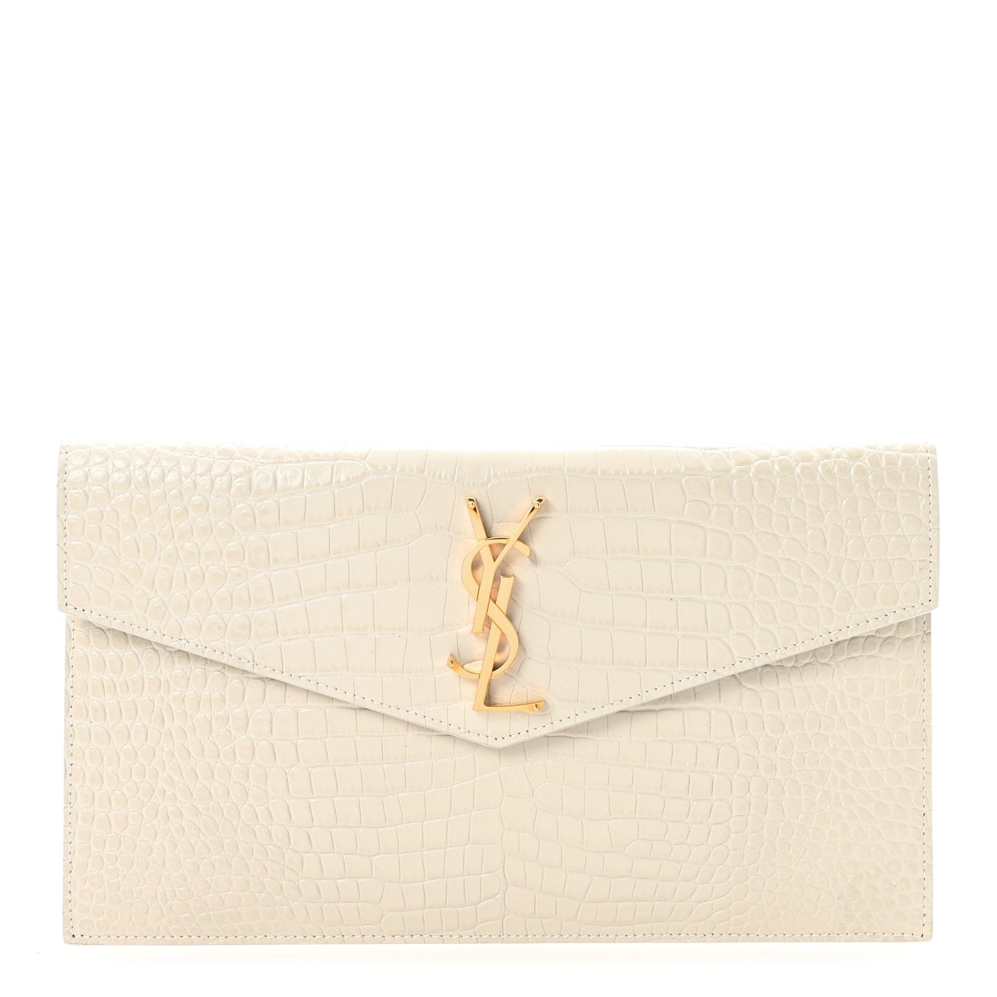 Calfskin Crocodile Embossed Uptown Monogram Clutch Crema Soft