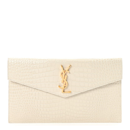 Saint Laurent Calfskin Crocodile Embossed Uptown Monogram Clutch Crema Soft 1 of 6