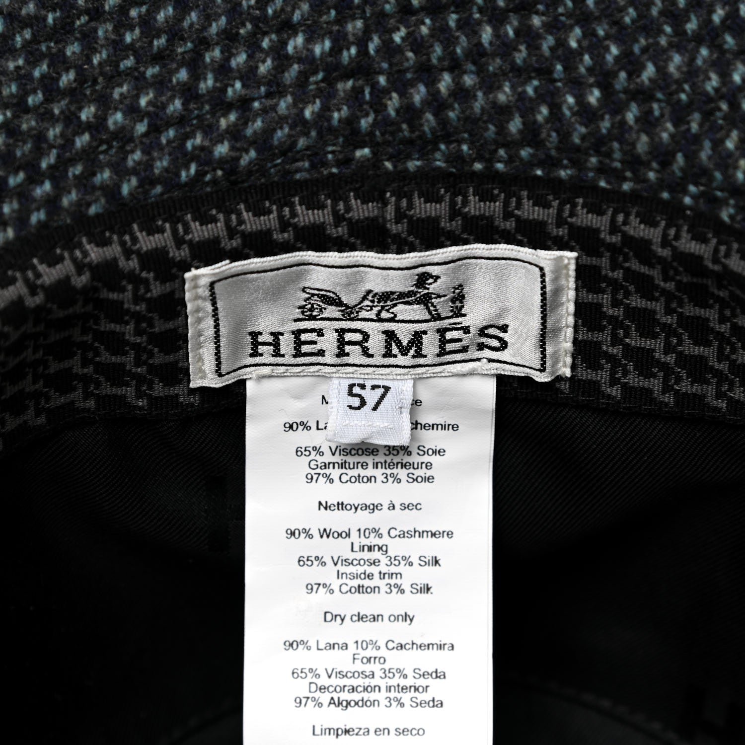 Hermes Wool Cashmere Flannel Plaid Colorado Hat 57 Bleu Payne 5 of 5