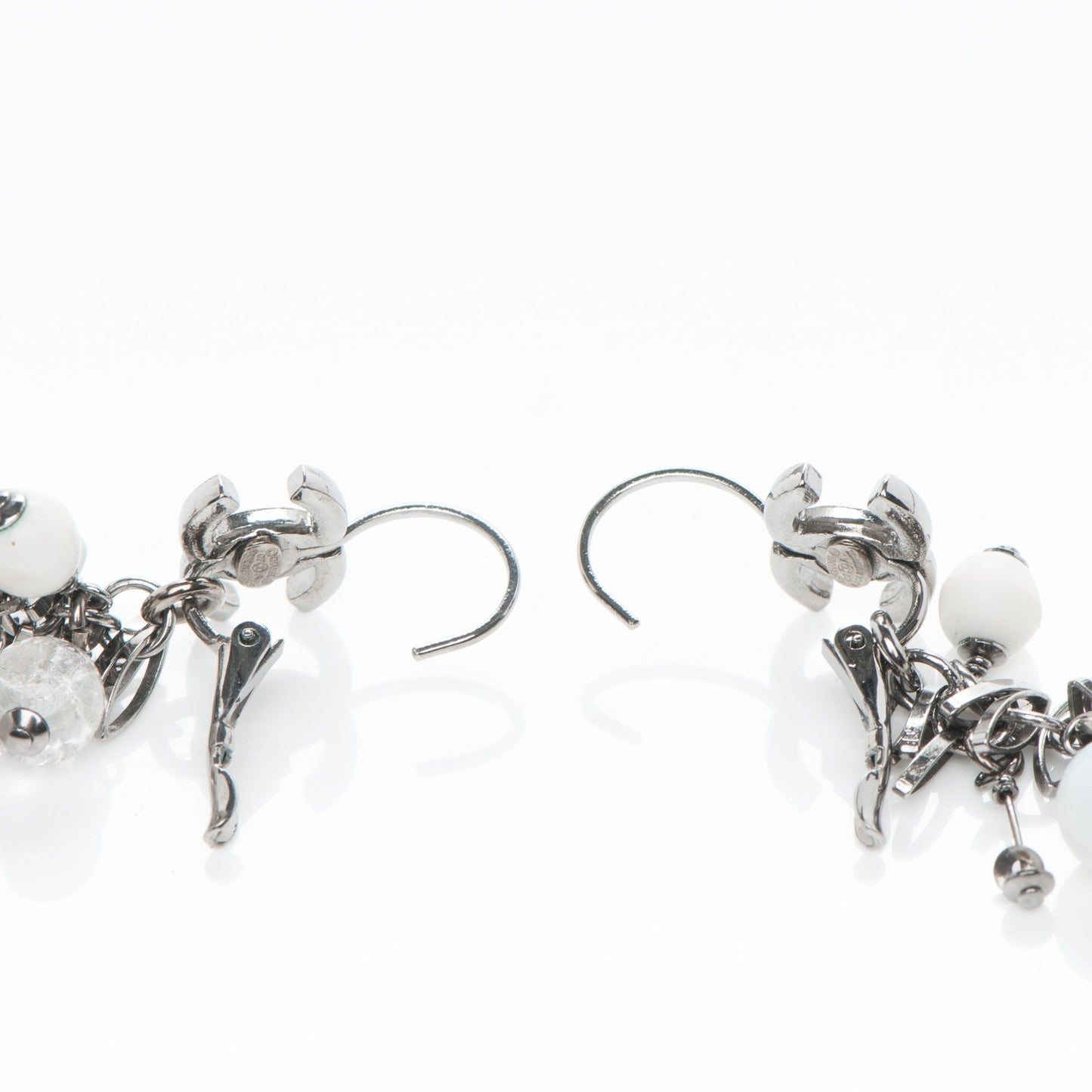 Enamel Beaded CC Drop Earrings White Silver