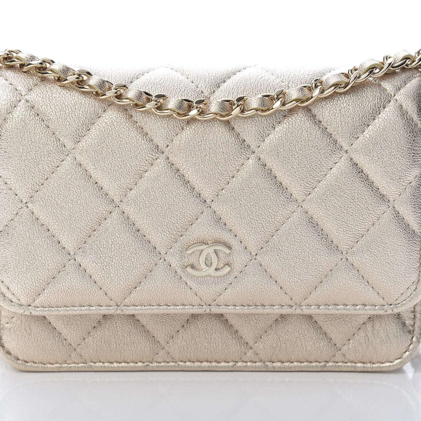 Metallic Lambskin Quilted Mini Wallet On Chain WOC Gold