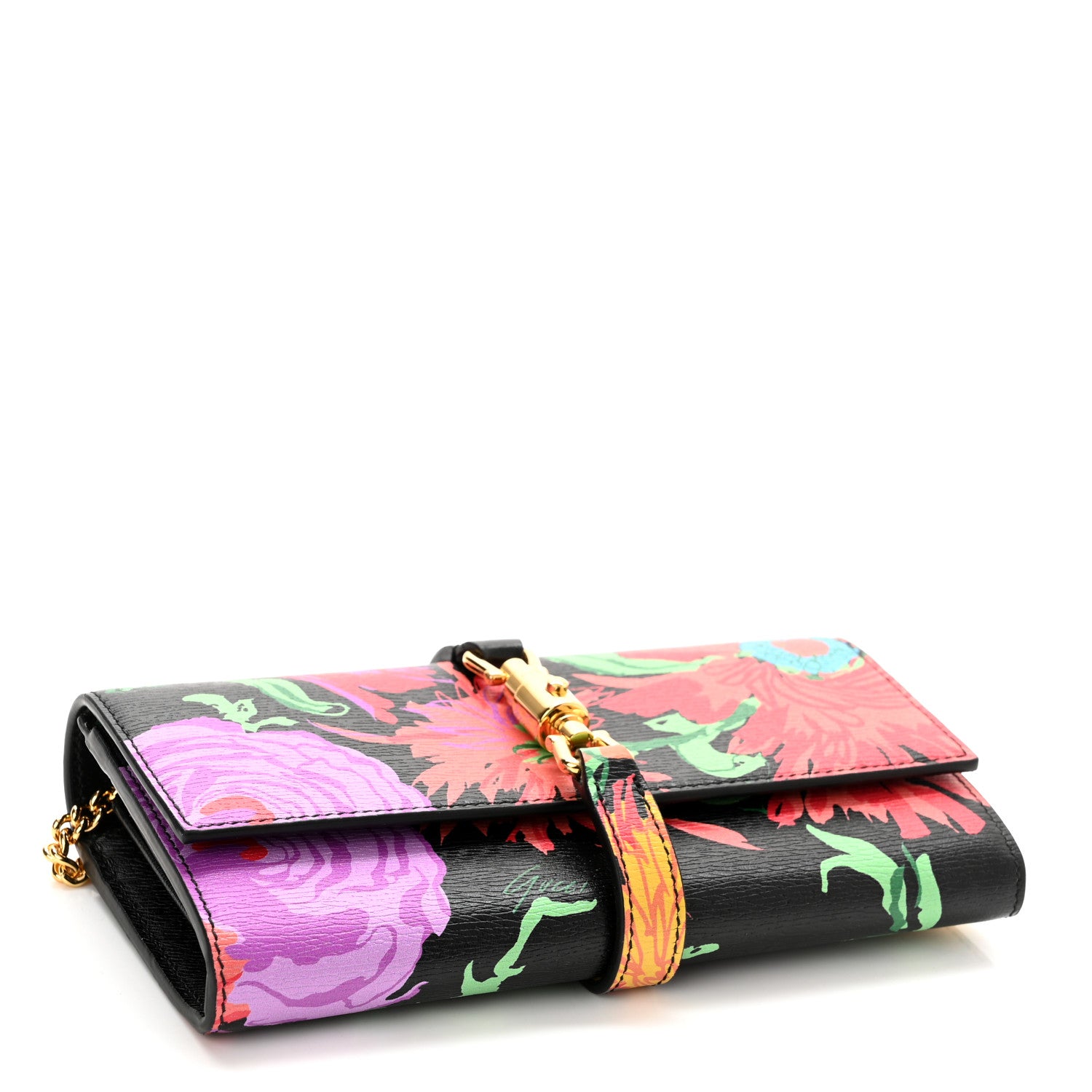 Gucci X KEN SCOTT New Shangai Calfskin Jenny Floral Print Jackie 1961 Chain Wallet Black Pink 4 of 10