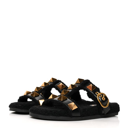 Valentino Garavani Shearling Roman Stud 5mm Slide Sandals 37 Black 3 of 8