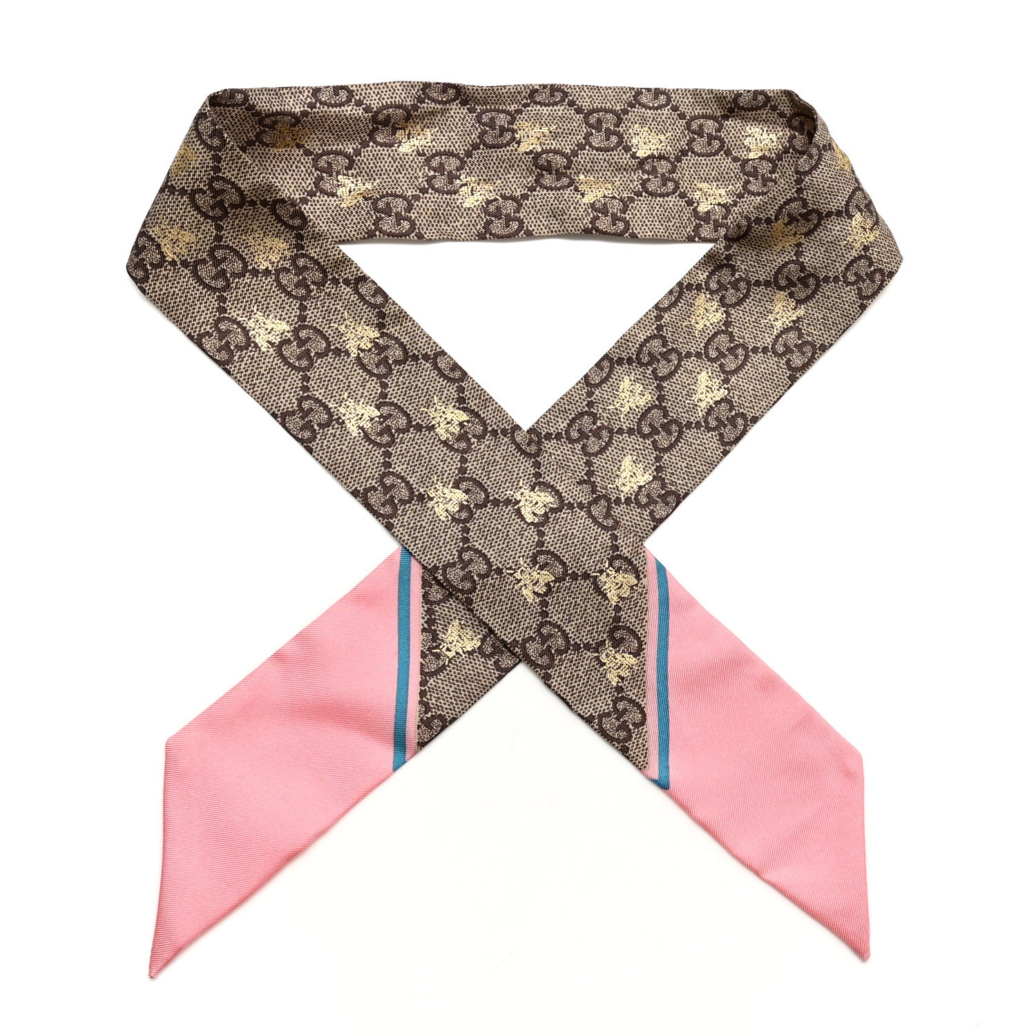 Gucci Silk Twill GG Monogram GG Bee Neck Bow Scarf Roseate Sky Blue 1 of 4