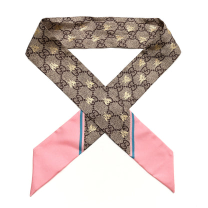 Gucci Silk Twill GG Monogram GG Bee Neck Bow Scarf Roseate Sky Blue 1 of 4