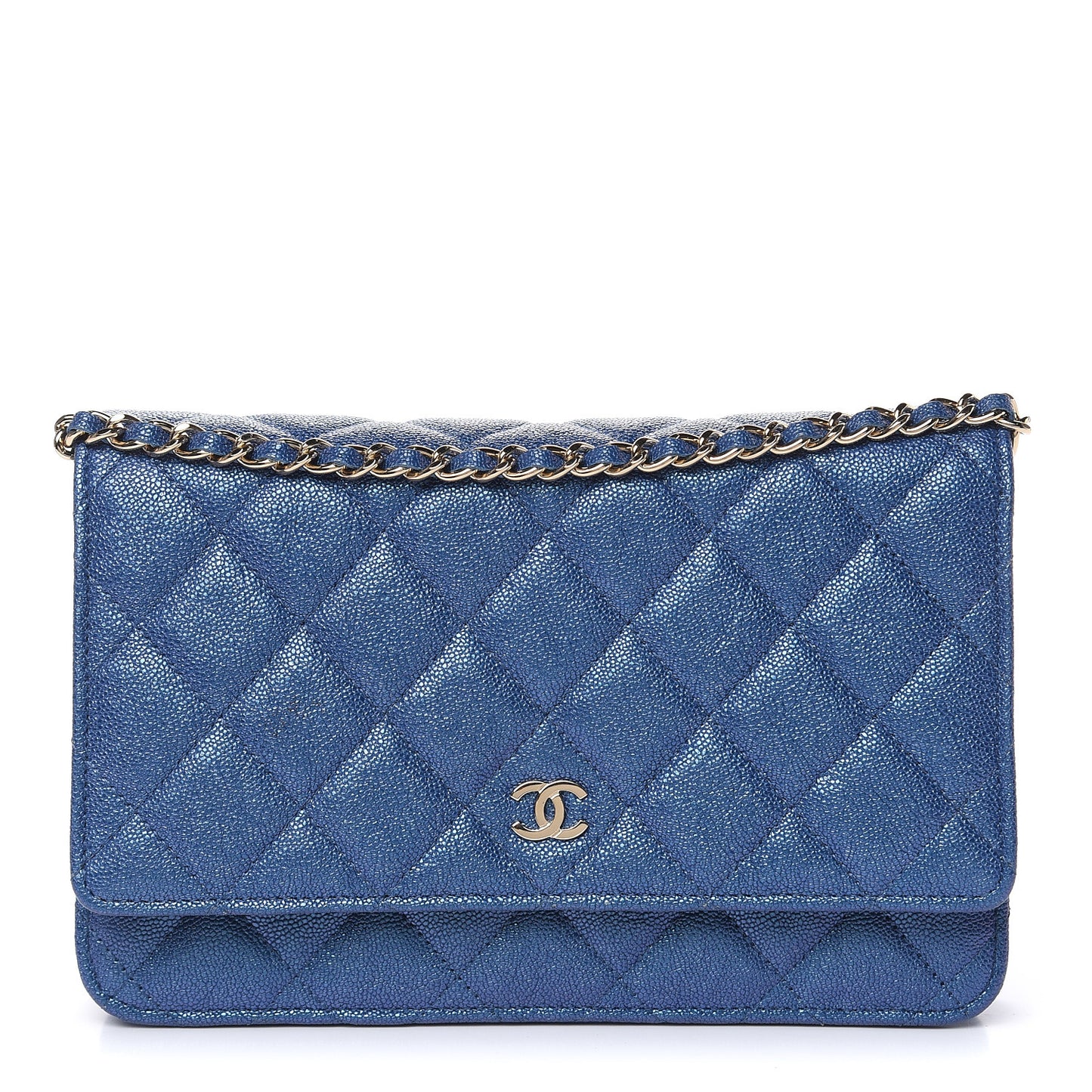 Iridescent Caviar Quilted Wallet On Chain WOC Dark Blue