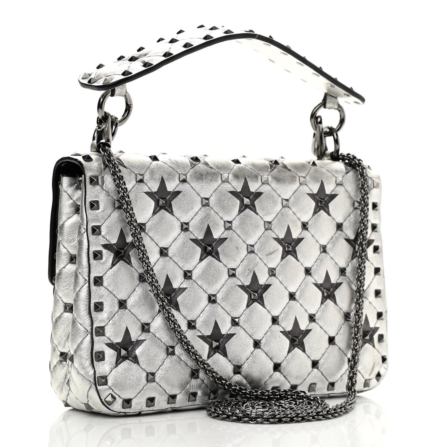 Metallic Lambskin Medium Star Rockstud Spike Shoulder Bag Silver
