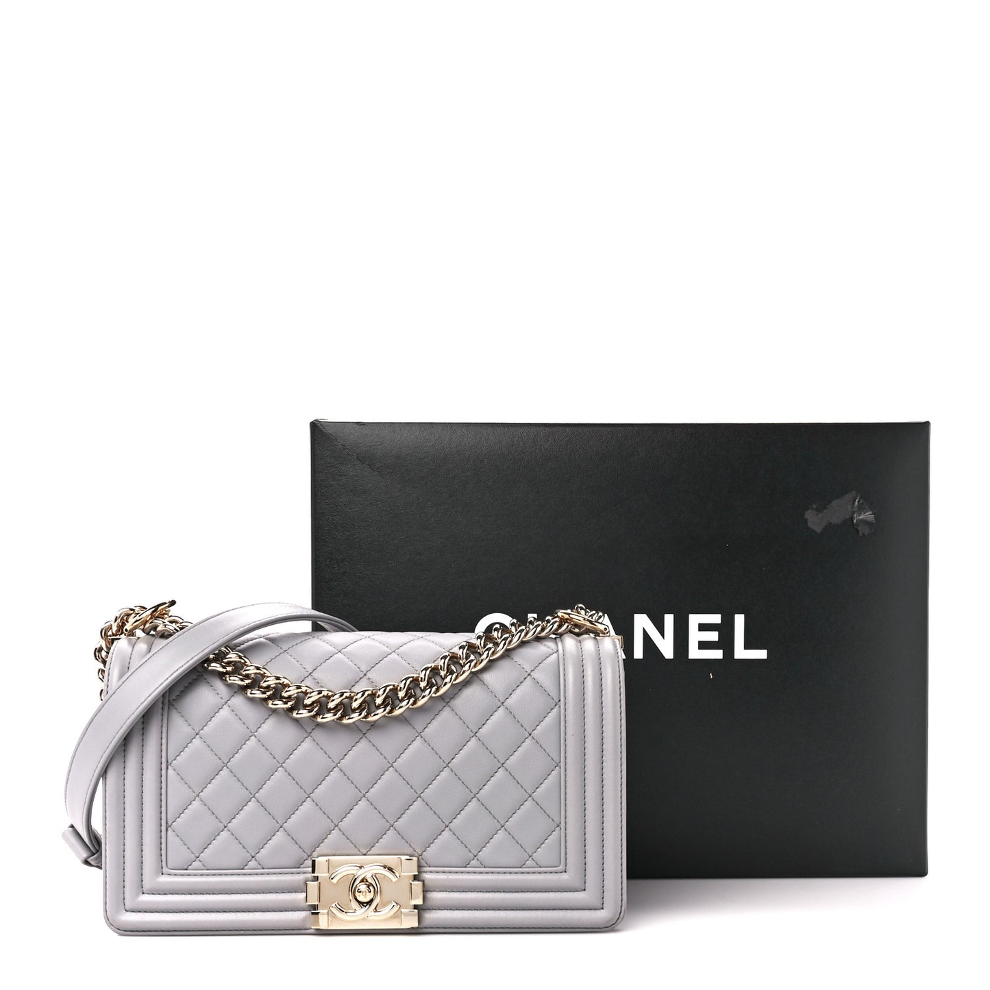 Lambskin Quilted Medium Boy Flap Grey