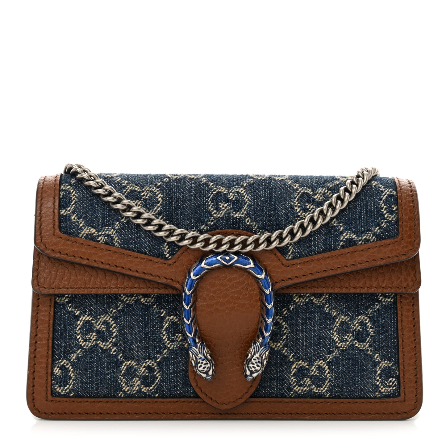 New Denim GG Monogram Dollar Calfskin Enamel Super Mini Dionysus Shoulder Bag Blue Tea Cuir Epilog Electric Blue
