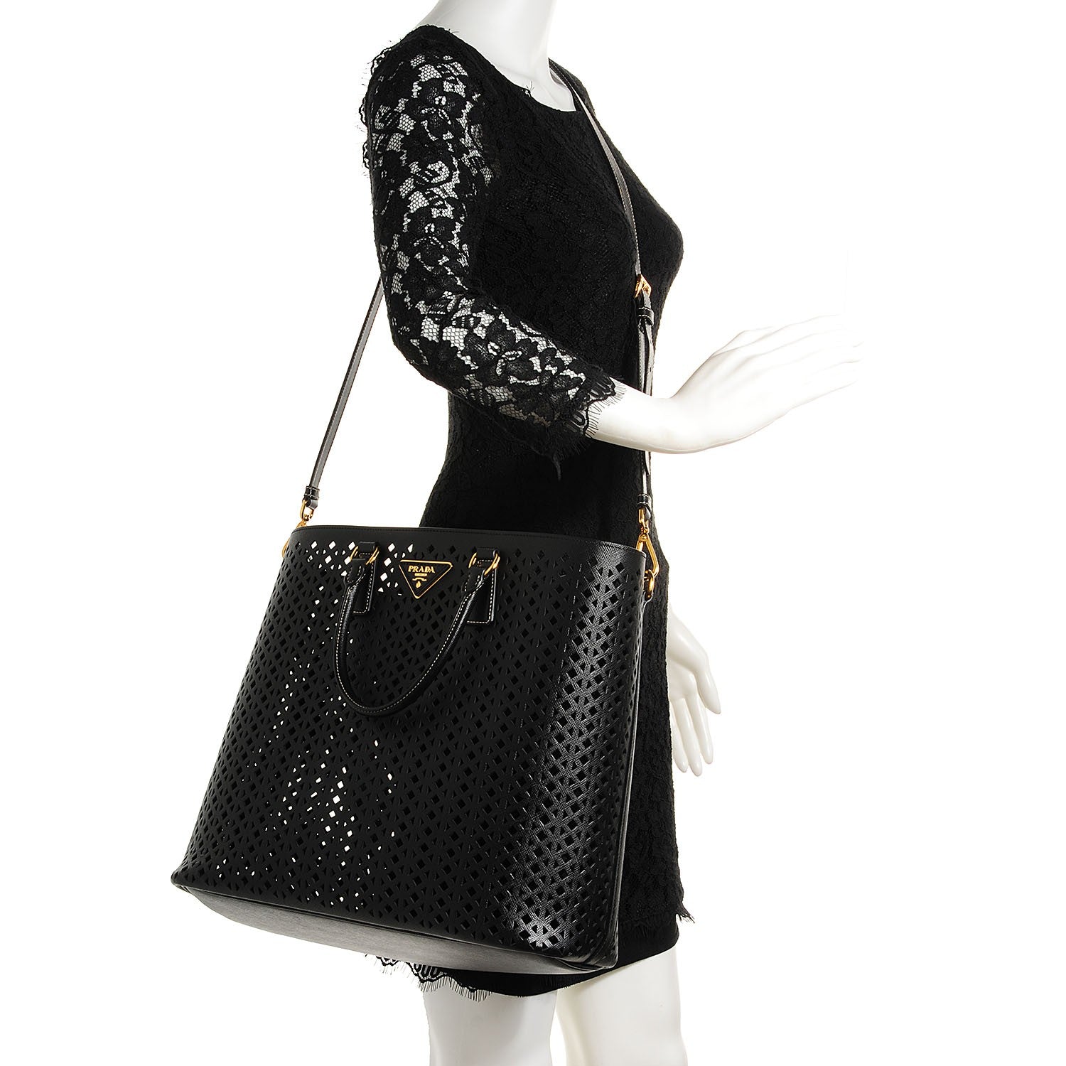 Prada Saffiano Perforated Tote Black 2 of 9