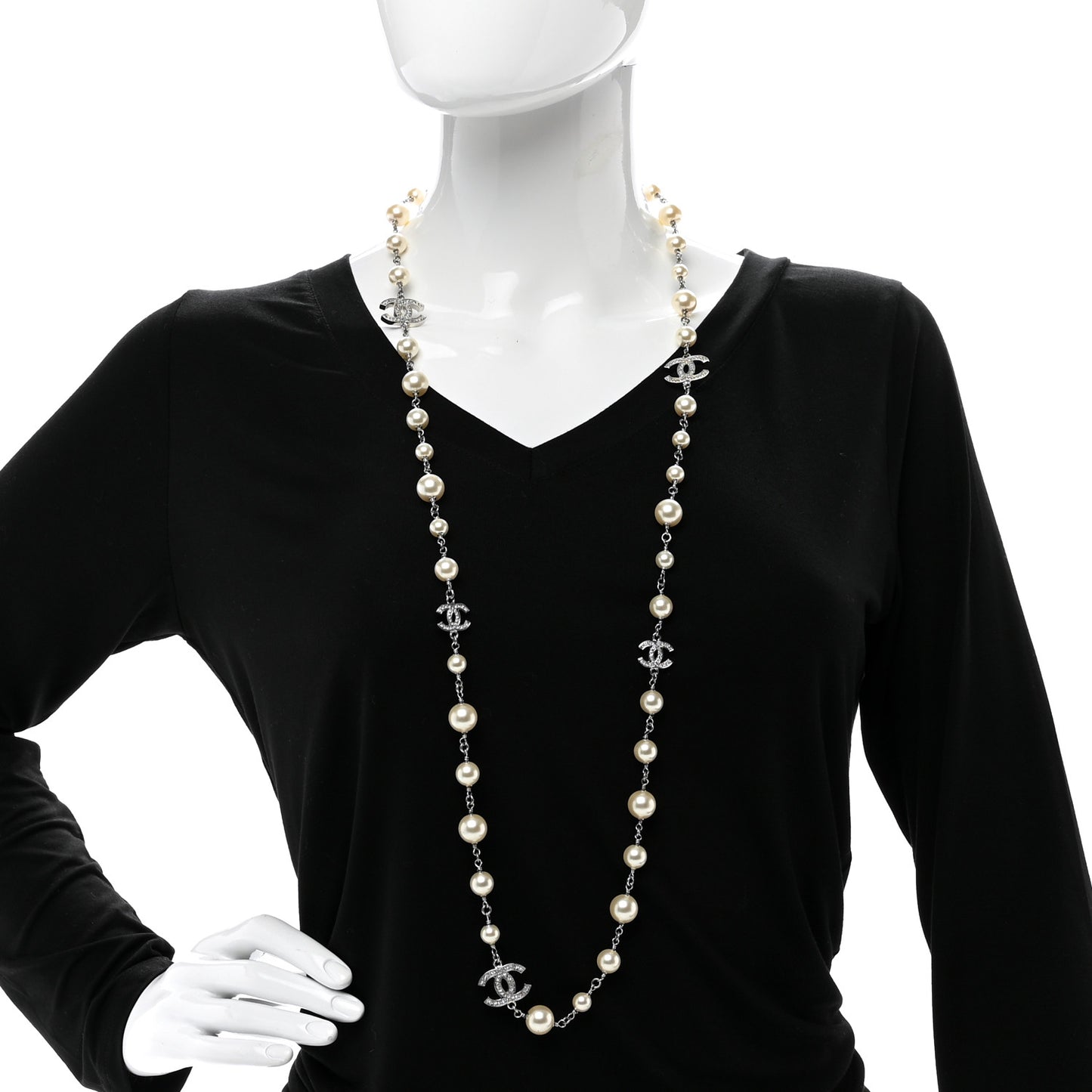 Graduated Pearl Crystal CC Long Necklace Silver