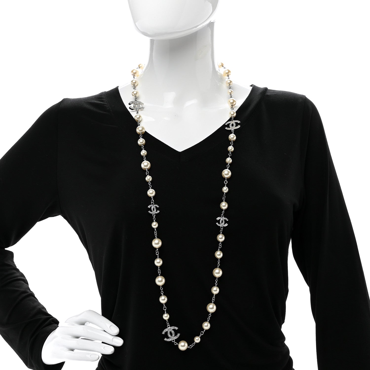 Chanel Graduated Pearl Crystal CC Long Necklace Silver 2 of 5