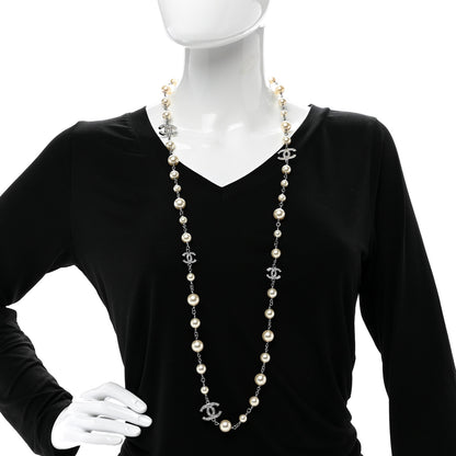 Chanel Graduated Pearl Crystal CC Long Necklace Silver 2 of 5