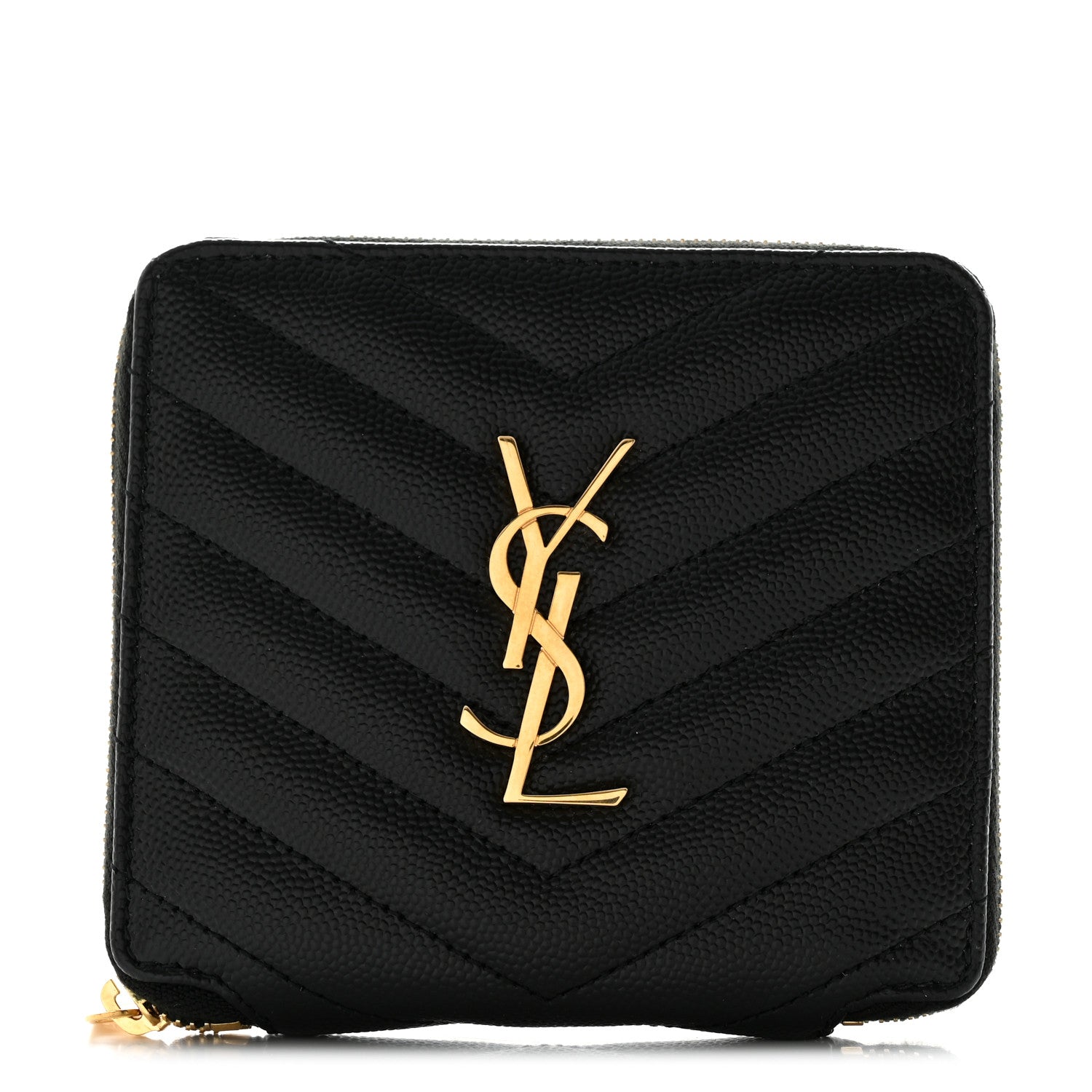 Saint Laurent Grain De Poudre Matelasse Chevron Monogram Compact Zip Around Wallet Black 1 of 6