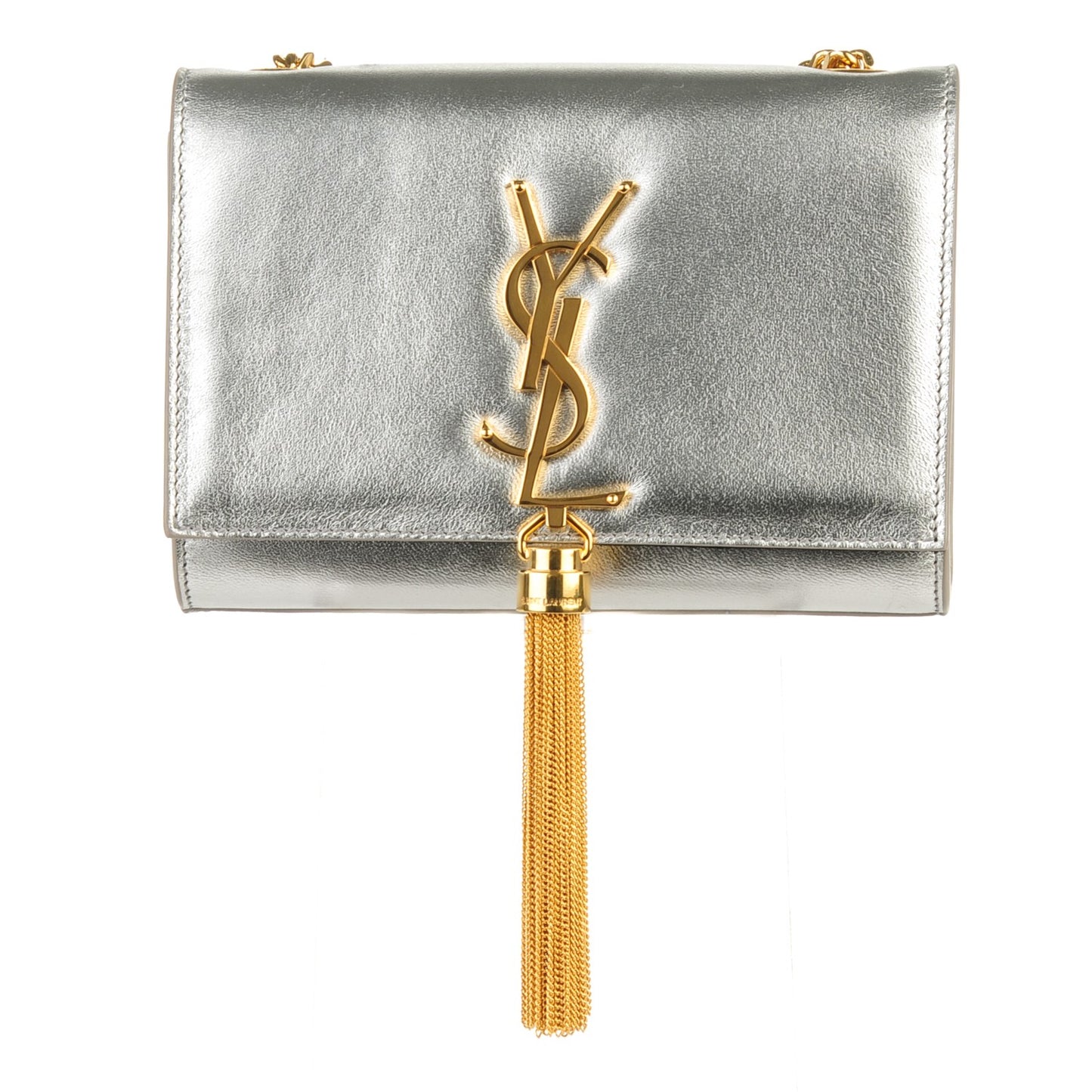 Metallic Lambskin Small Classic Monogram Kate Tassel Satchel Silver