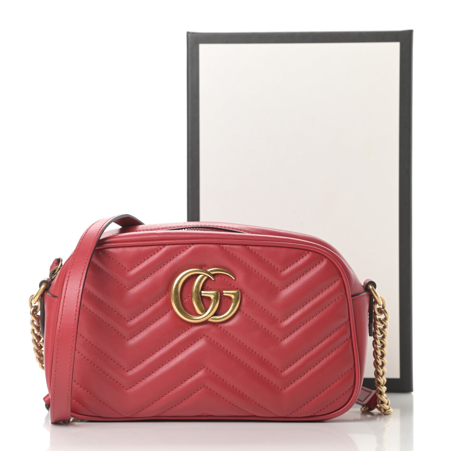 Calfskin Matelasse Small GG Marmont Chain Shoulder Bag Hibiscus Red