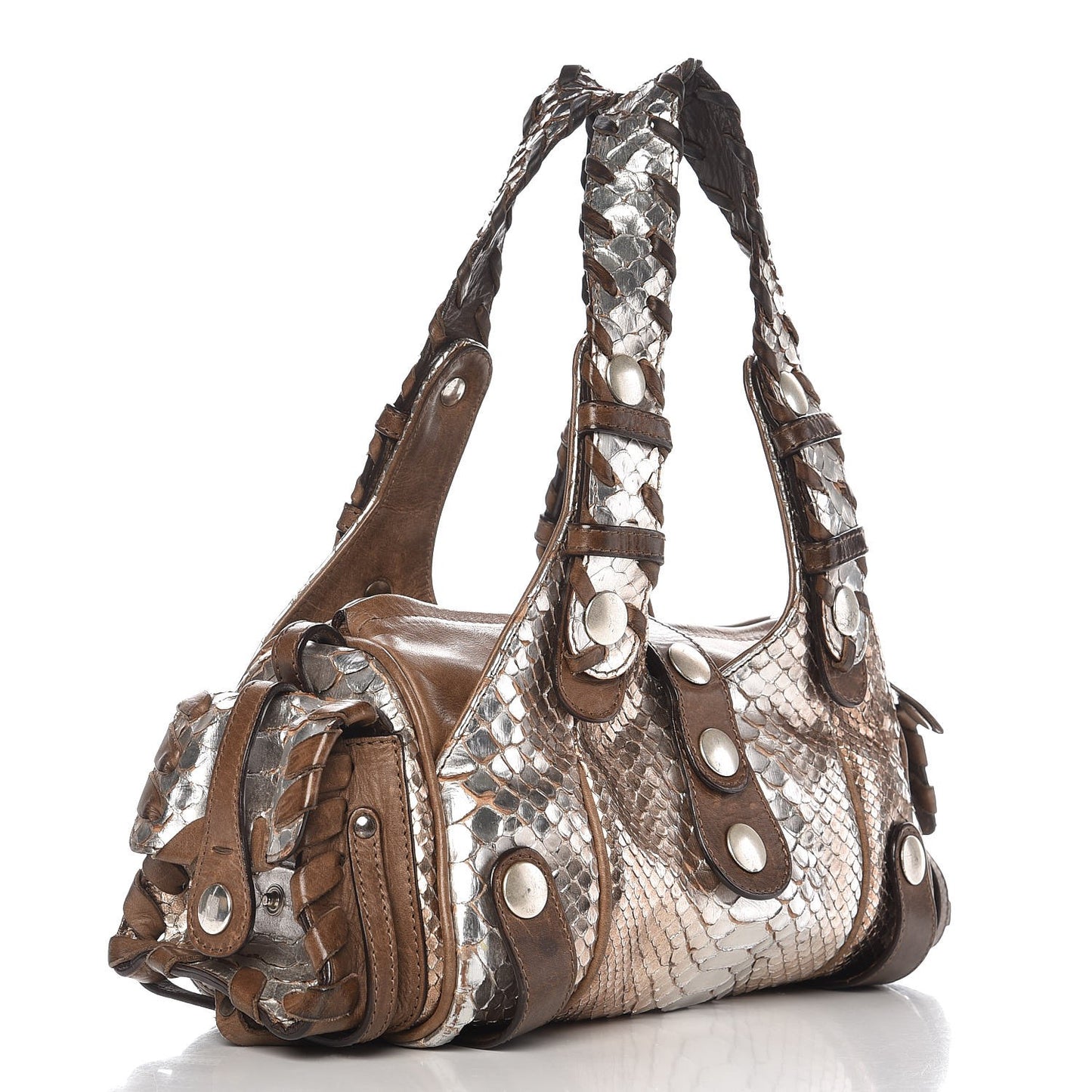 Metallic Python Calfskin Silverado Shoulder Bag Silver Brown