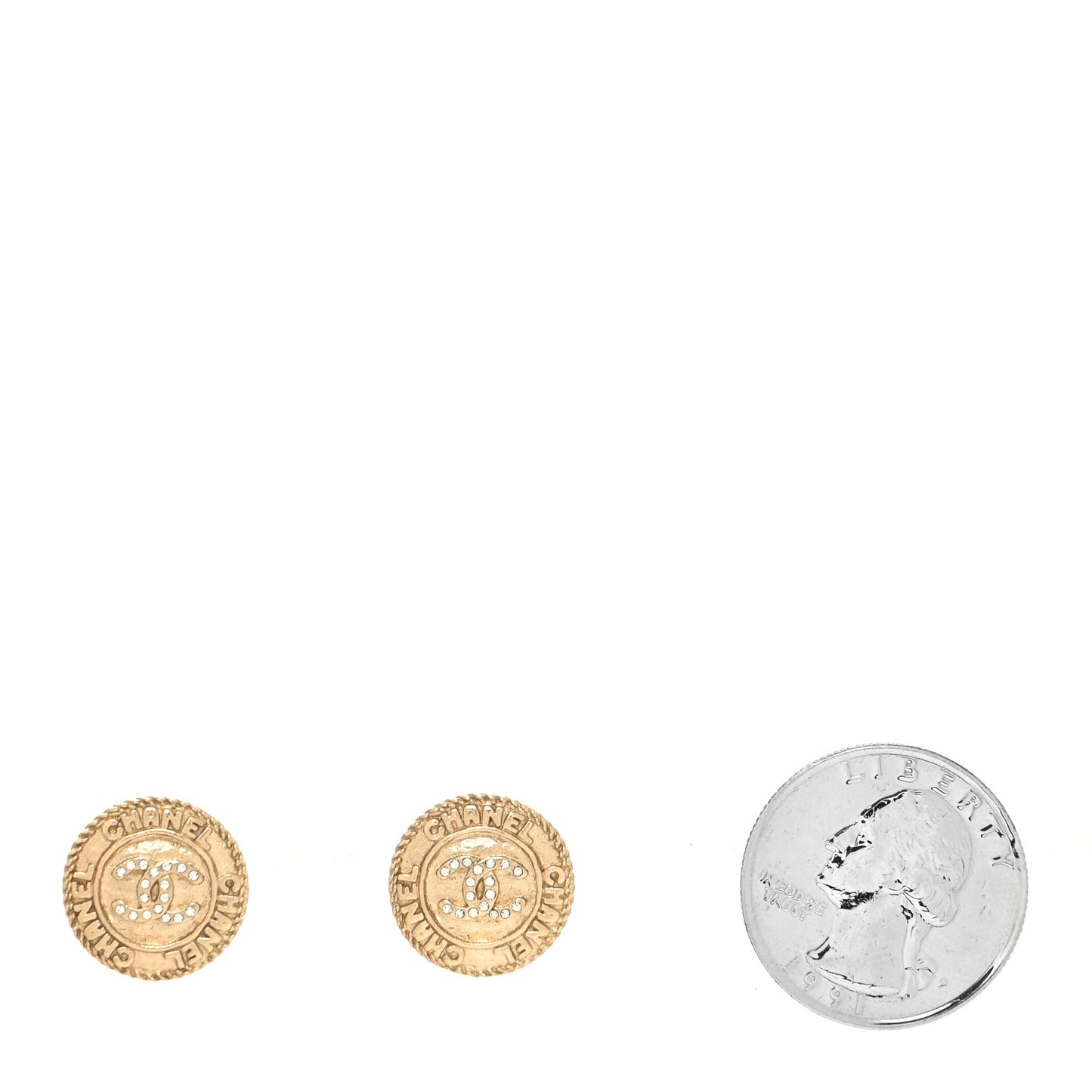 Metal Crystal CC Medallion Round Earrings Gold
