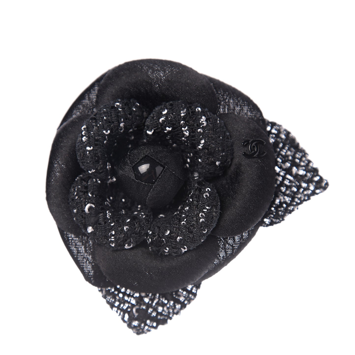Tweed Camellia Pin Brooch Black White