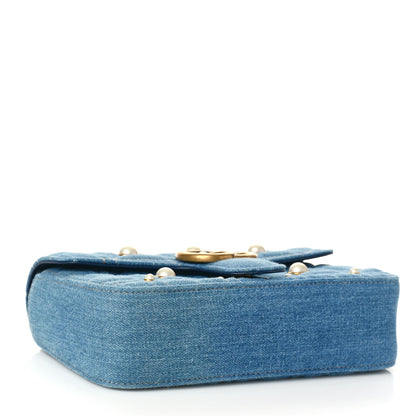 Gucci Denim Matelasse Pearl Studded Mini GG Marmont Shoulder Bag Blue 4 of 9