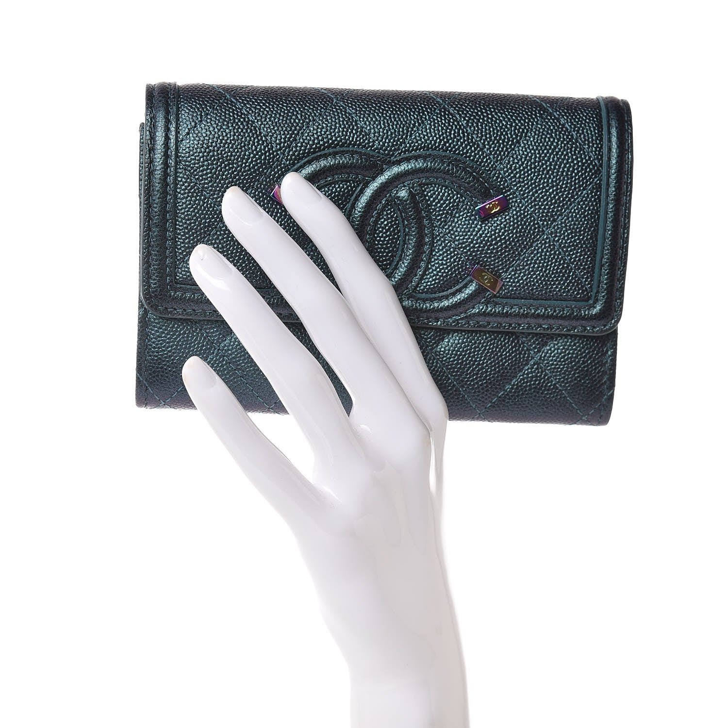 Chanel Iridescent Caviar Quilted Medium Filigree Flap Wallet Dark Turquoise 2 of 9