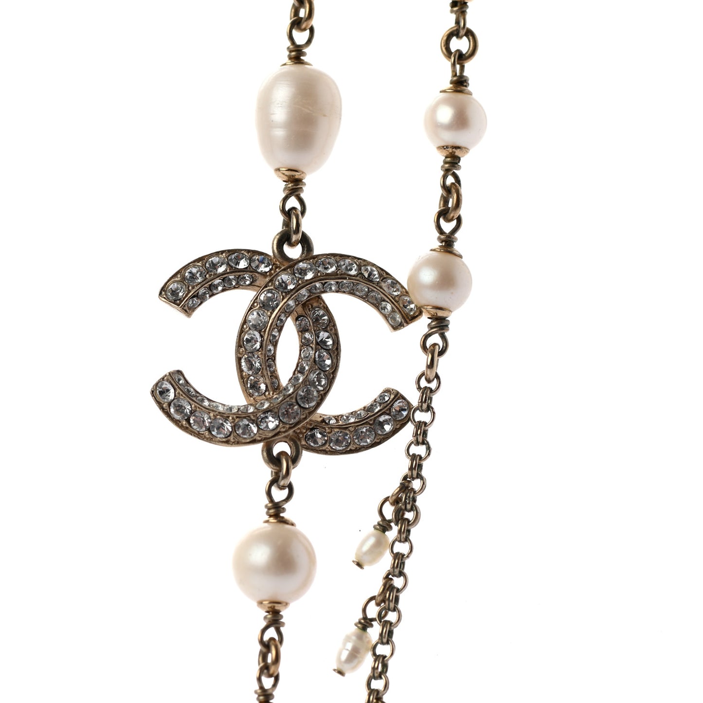 Pearl Crystal CC Long Necklace Gold
