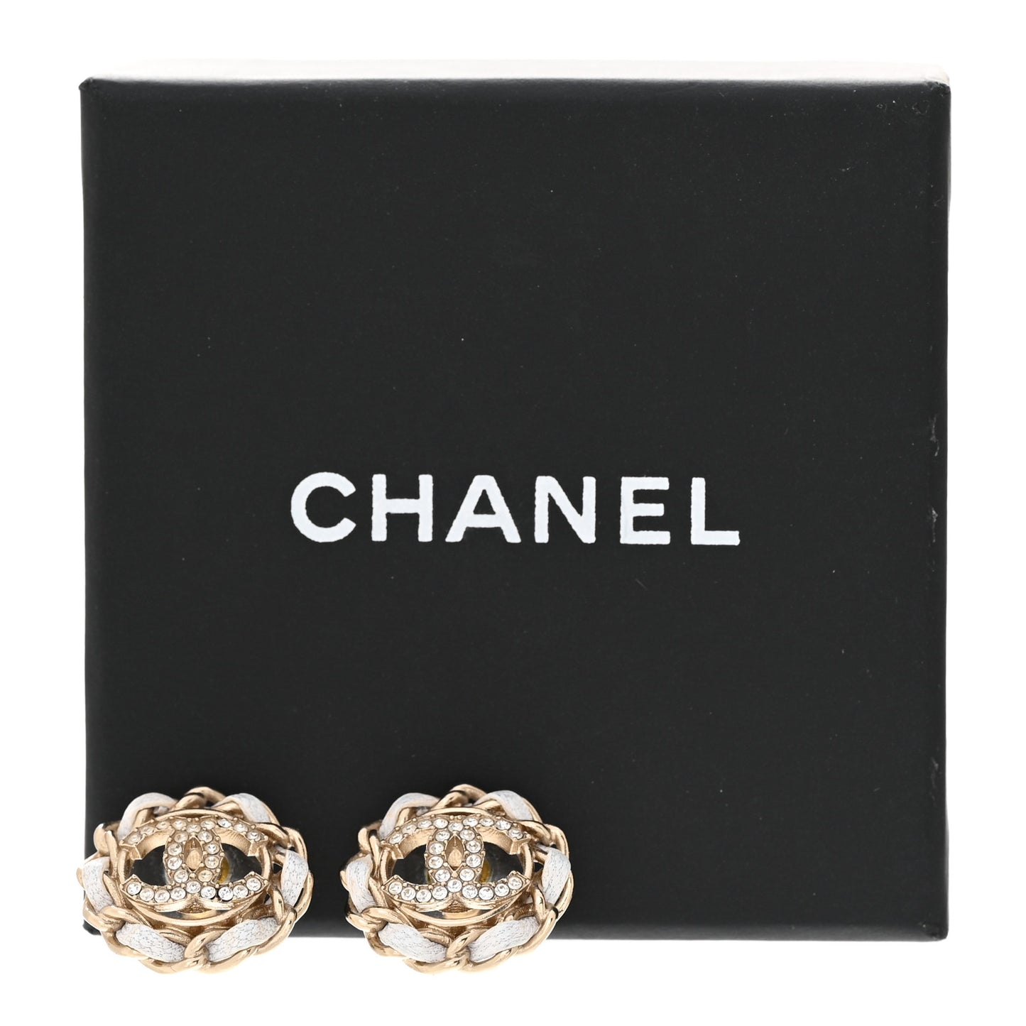 Crystal Lambskin Chain Around CC Earrings Light Gold White