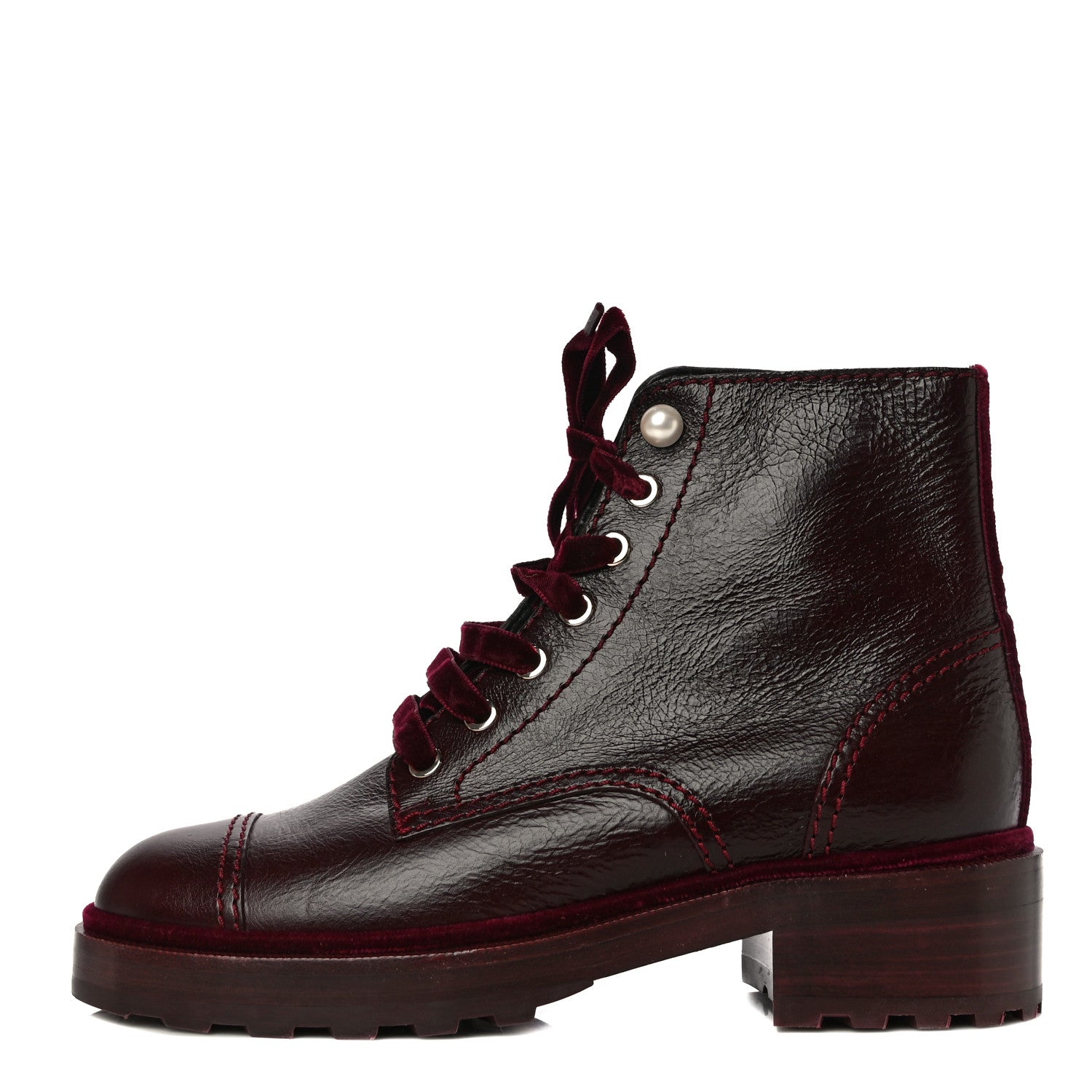 Chanel Calfskin Velvet Pearl Combat Short Boots 38 Burgundy 1 of 12