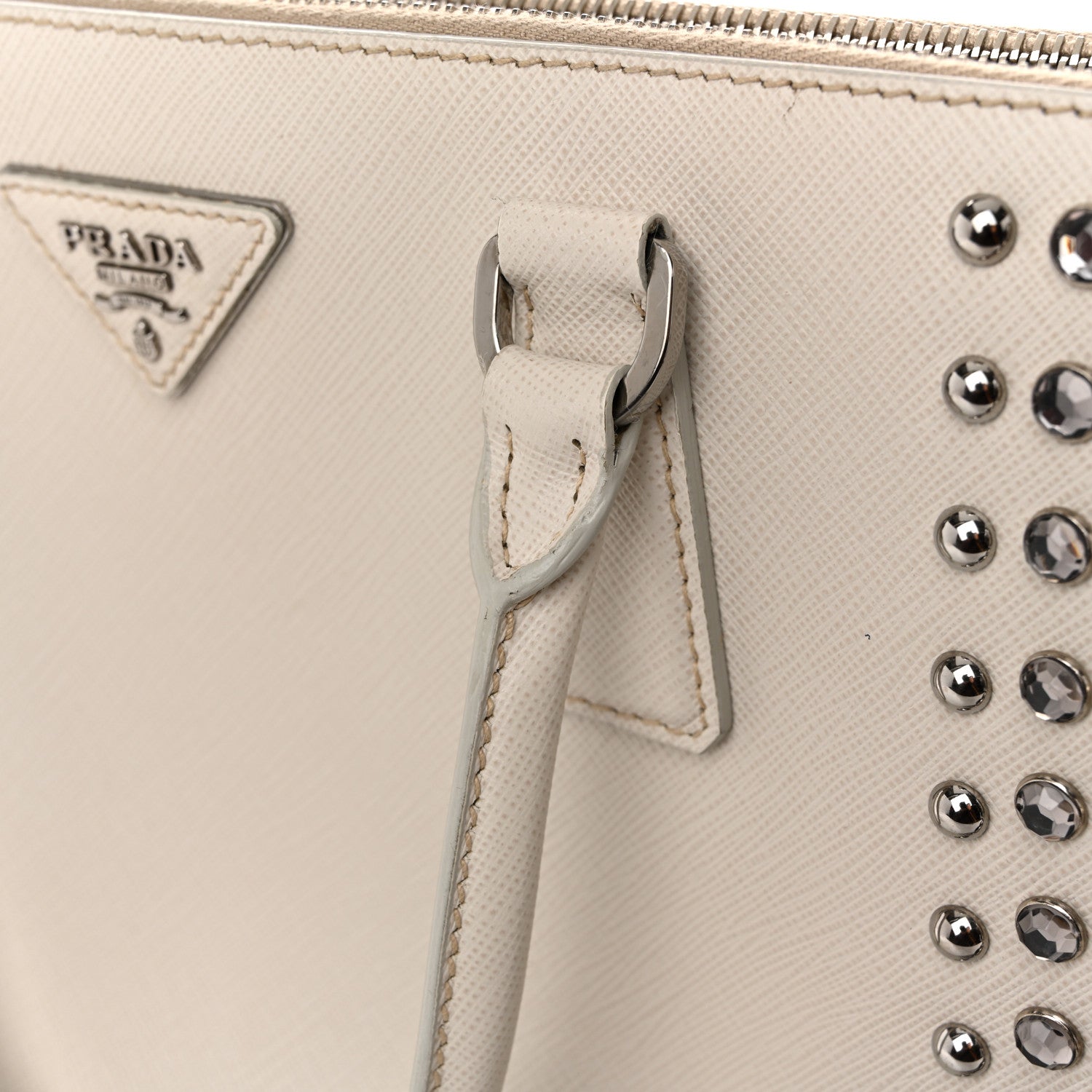 Prada Saffiano Lux Studded Crystal Medium Galleria Double Zip Tote Talco 27 of 31