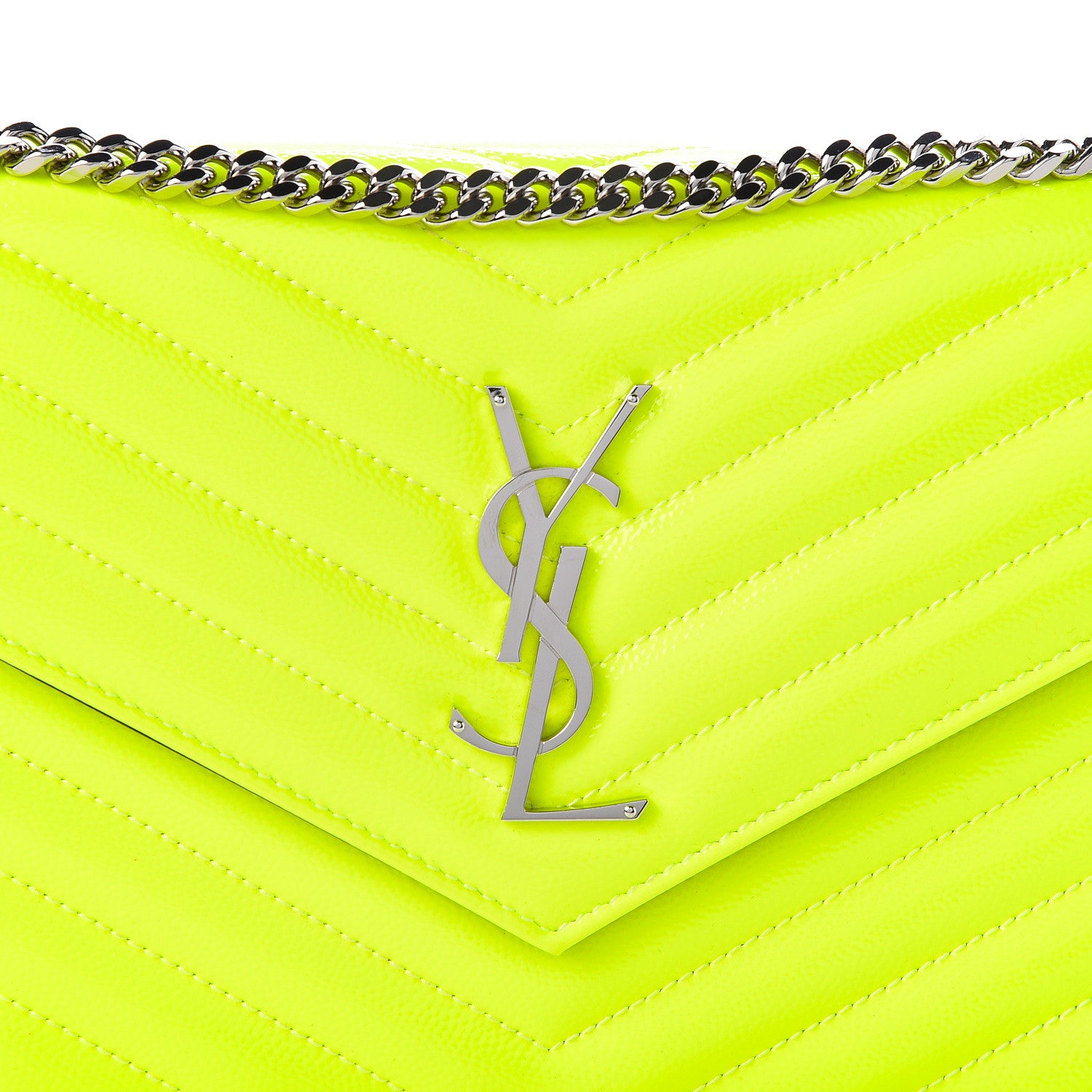 Saint Laurent Patent Grain De Poudre Matelasse Chevron Monogram Chain Wallet Neon Yellow 8 of 10