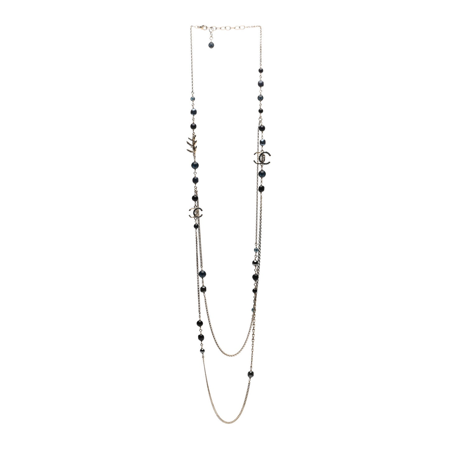 Glass Pearl Crystal CC Leaf Long Necklace Gold Blue