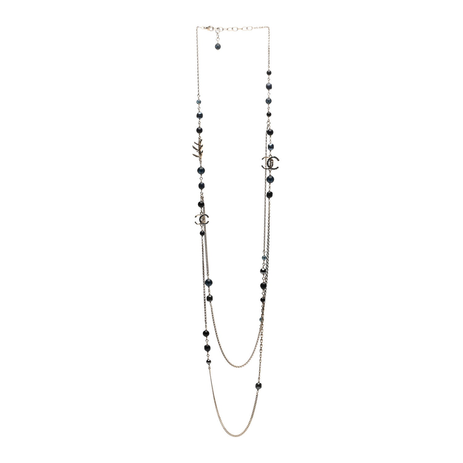 Chanel Glass Pearl Crystal CC Leaf Long Necklace Gold Blue 3 of 4