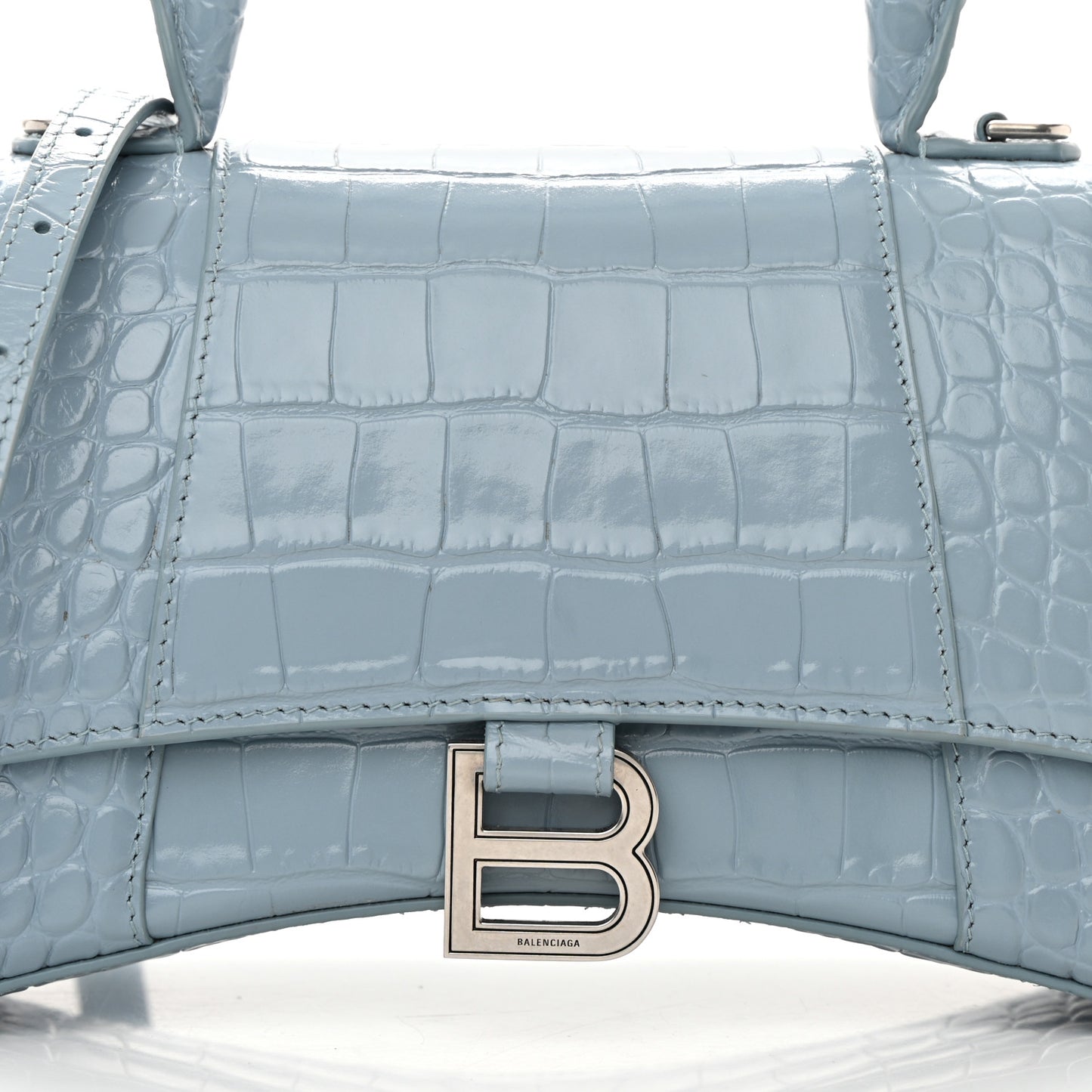 Shiny Calfskin Crocodile Embossed Small Hourglass Top Handle Bag Blue Grey