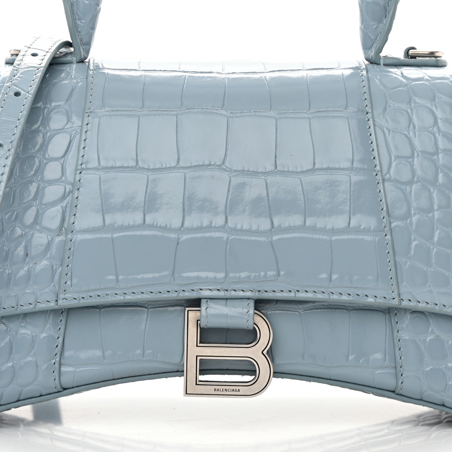 Balenciaga Shiny Calfskin Crocodile Embossed Small Hourglass Top Handle Bag Blue Grey 9 of 19