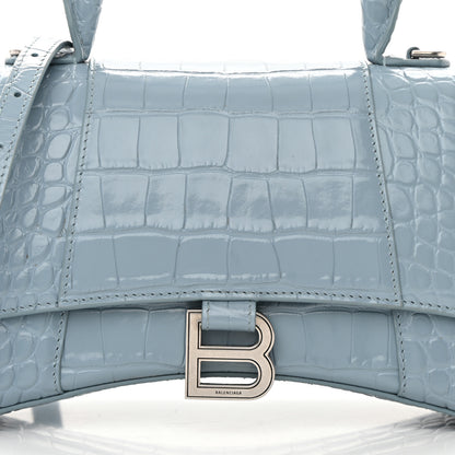 Balenciaga Shiny Calfskin Crocodile Embossed Small Hourglass Top Handle Bag Blue Grey 9 of 19