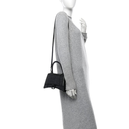Balenciaga Shiny Calfskin Monochrome Crocodile Embossed Small Hourglass Top Handle Bag Black 2 of 12