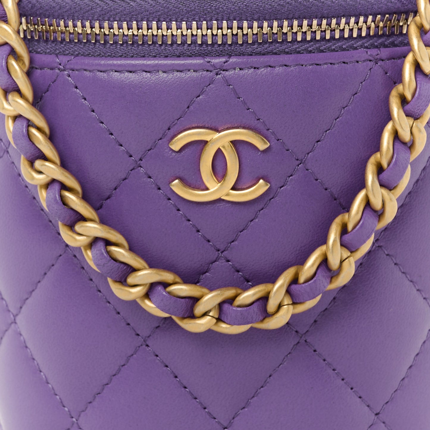 Lambskin Quilted Afternoon Tea Top Handle Vanity Case With Chain  Dark Purple