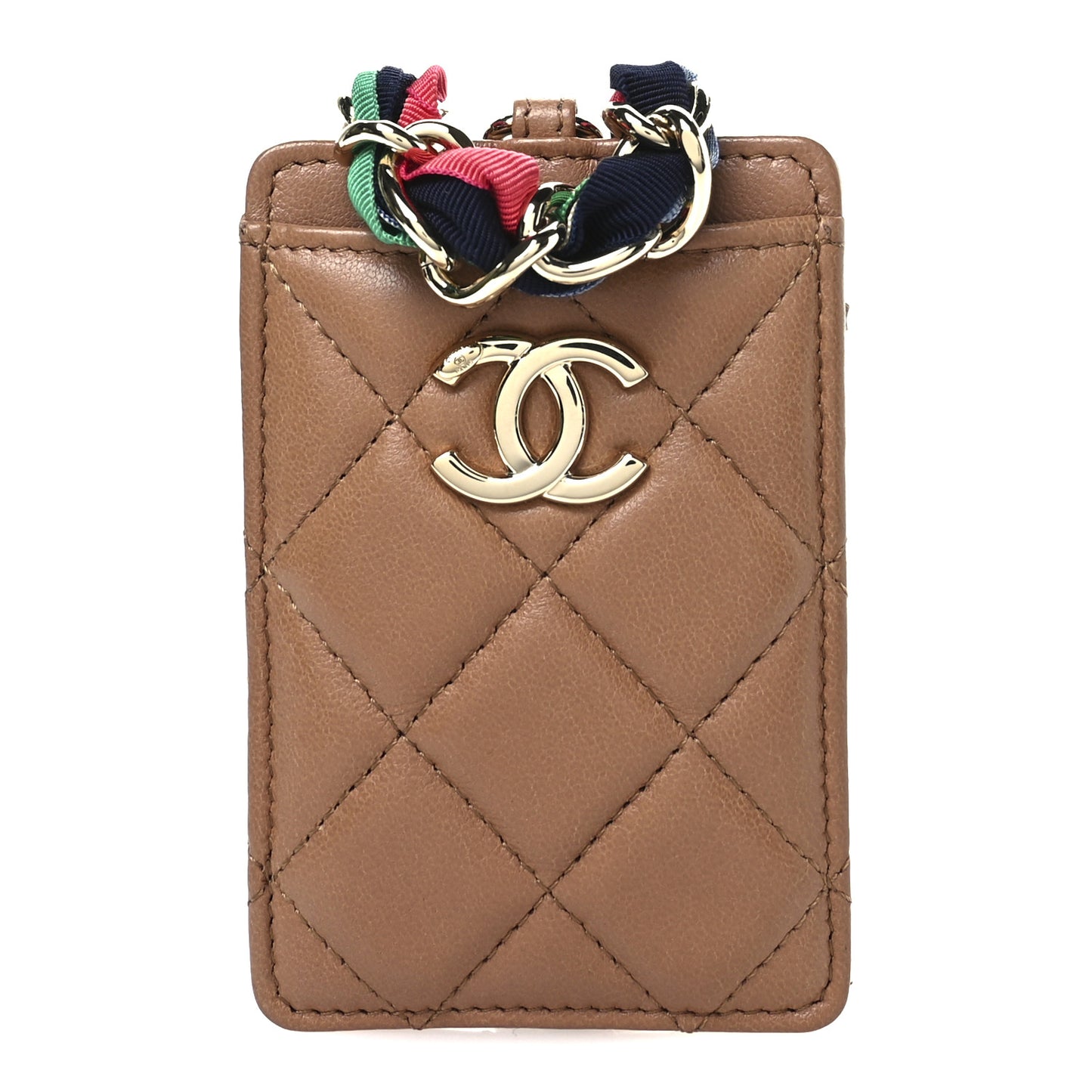 Shiny Lambskin Ribbon Quilted Card Holder On Chain Brown