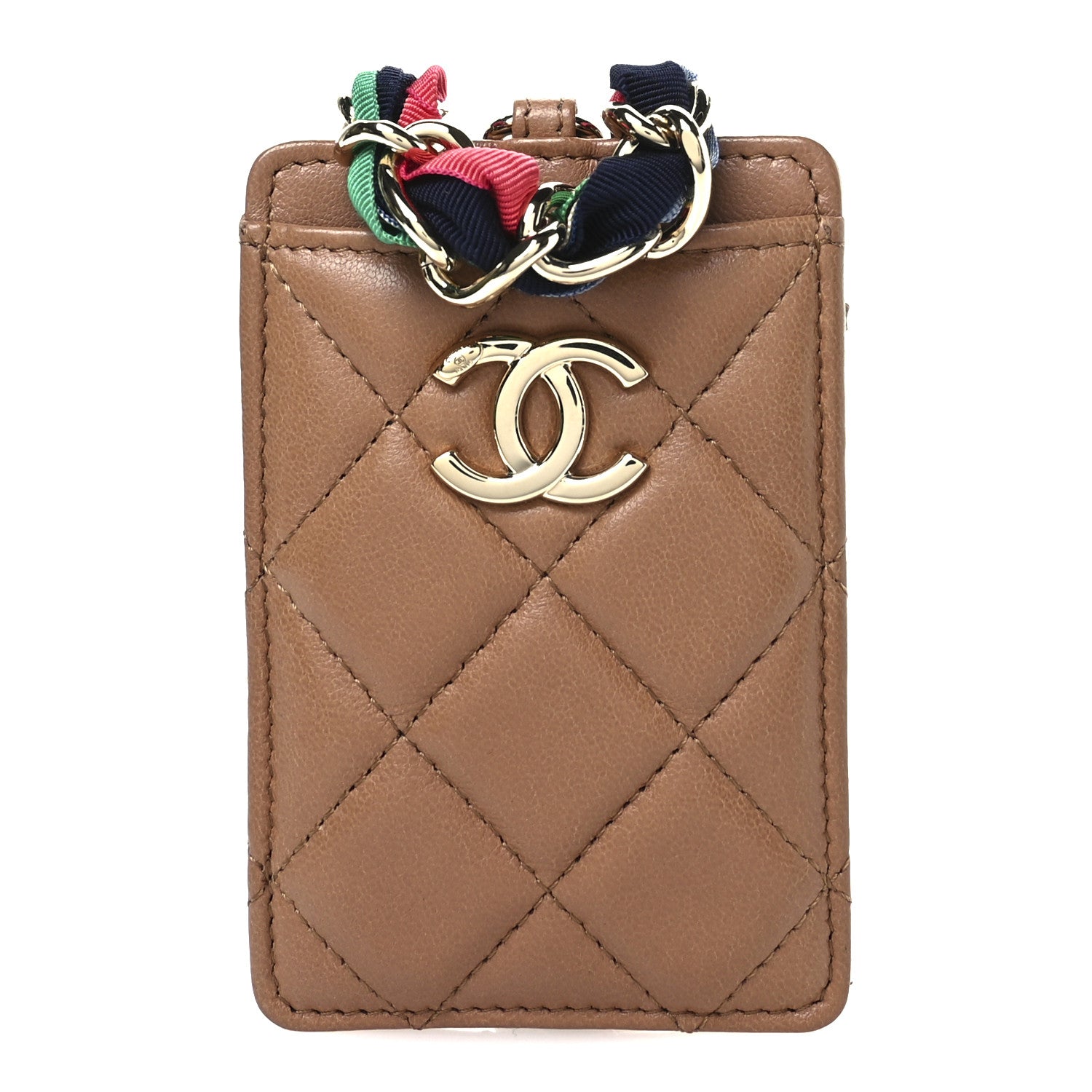 Chanel Shiny Lambskin Ribbon Quilted Card Holder On Chain Brown 1 of 7