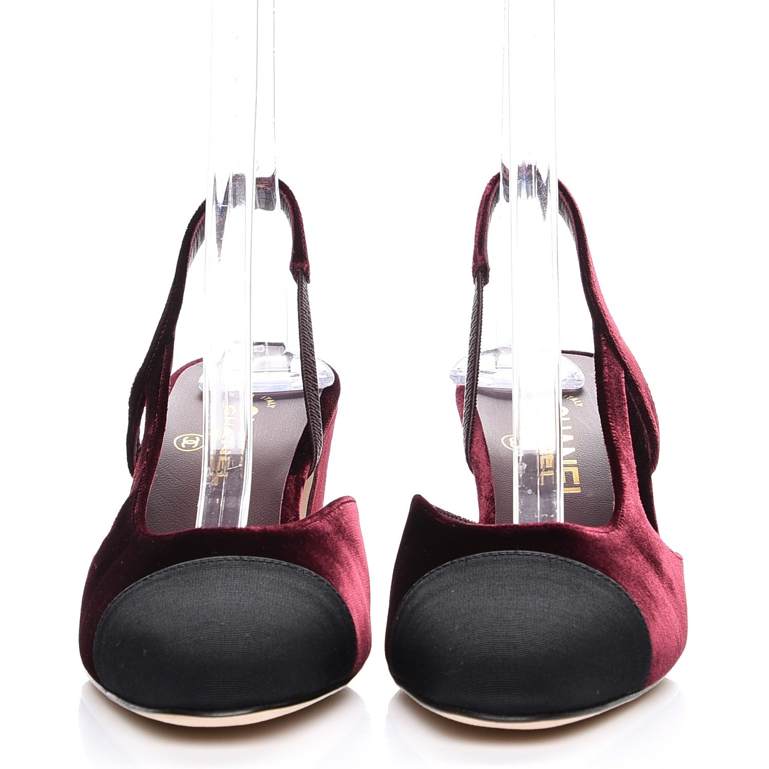 Chanel Velour Cap Toe CC Slingback Pumps 38 Burgundy Black 2 of 9
