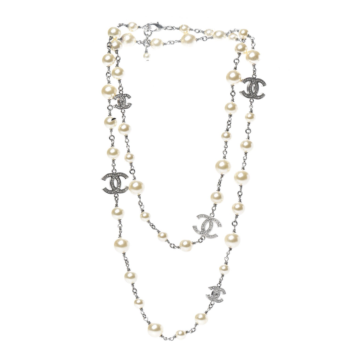 Chanel Crystal Pearl CC Long Necklace Silver 3 of 4