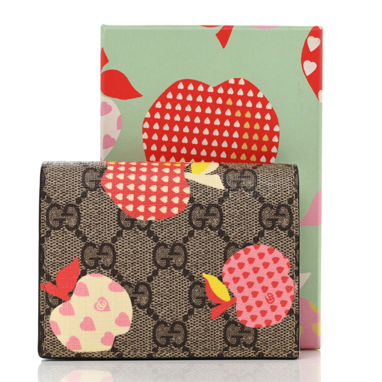 GG Supreme Monogram Les Pommes Card Case Wallet Beige Multicolor Mystic White