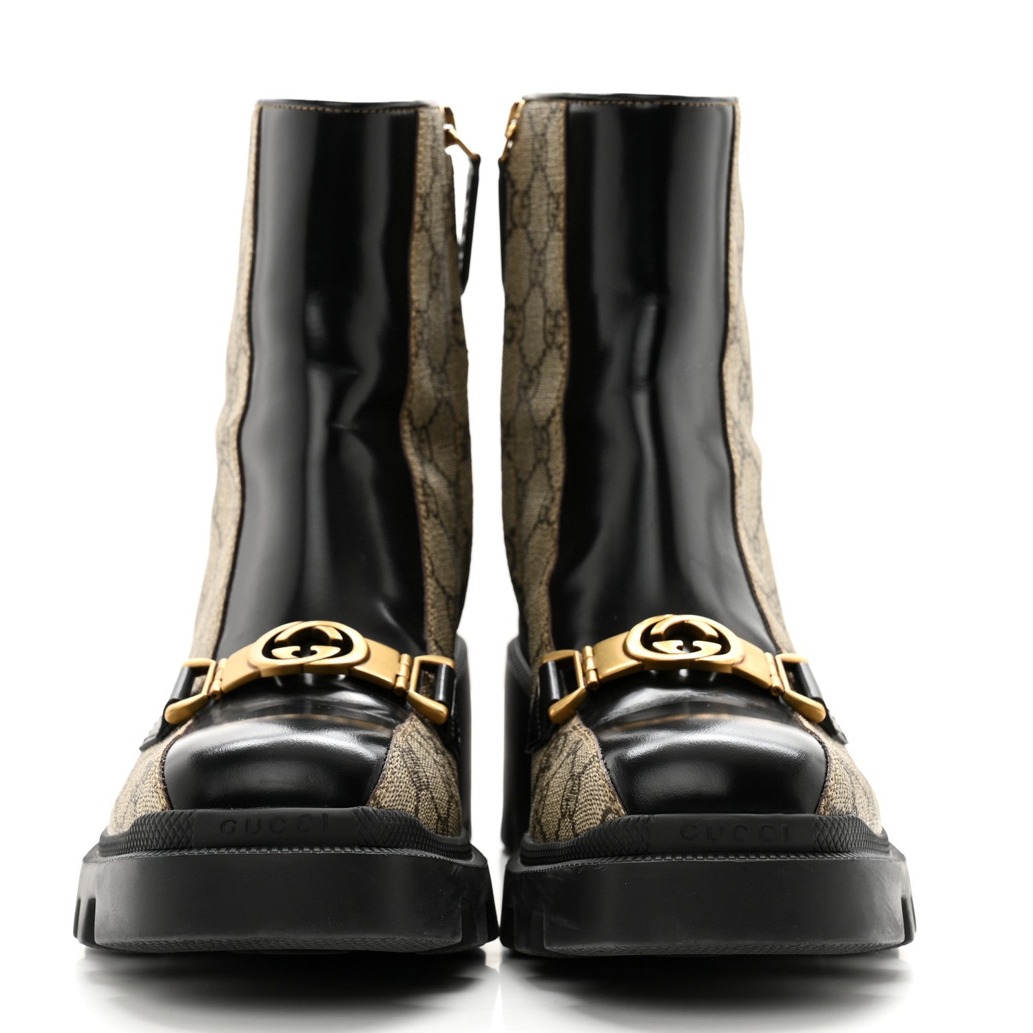Gucci GG Supreme Monogram Magnum Calfskin Interlocking G Womens Lug Sole Ankle Boots 39.5 Beige Ebony Black 2 of 11
